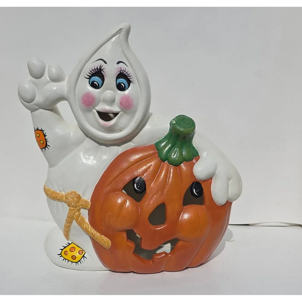 Vintage Ceramic Halloween Ghost with Pumpkin Jack-O-Lantern Figurine Decor⁷
